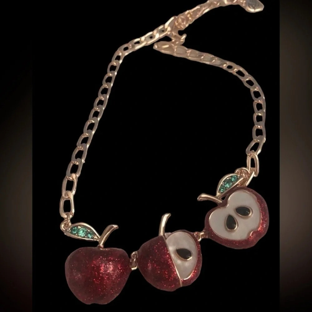 BETSEY JOHNSON SET Apple & Worm Hinged Bracelet 3 Apple Necklace & Earrings NWT - Picture 10 of 16
